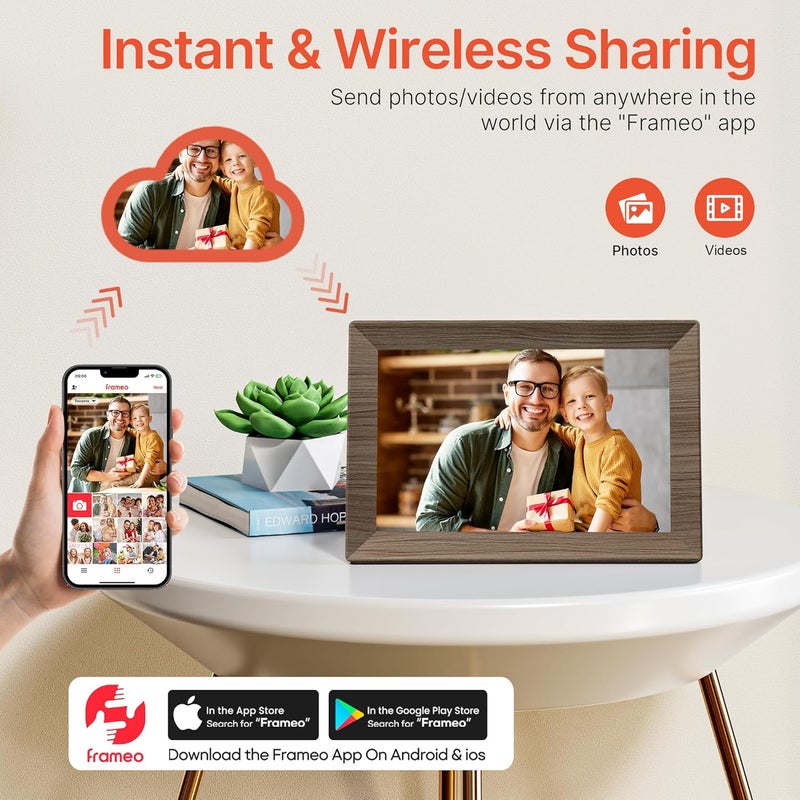 BIGASUO إطار صورة رقمي Frameo 10.1" مع ذاكرة 32 جيجابايت خشبي واي فاي إطار صور إلكتروني 1280 x 800 شاشة تعمل باللمس IPS دوران تلقائي عرض شرائح قابل للتعليق على الحائط مشاركة الصور/الفيديو عن بُعد في أي مكان - Image 2